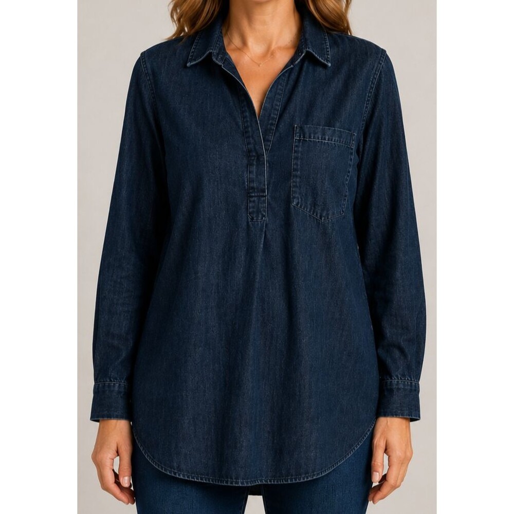 Liz Claiborne Womans Denim Jean Tunic Long Sleeve Dark Navy Cotton Collar